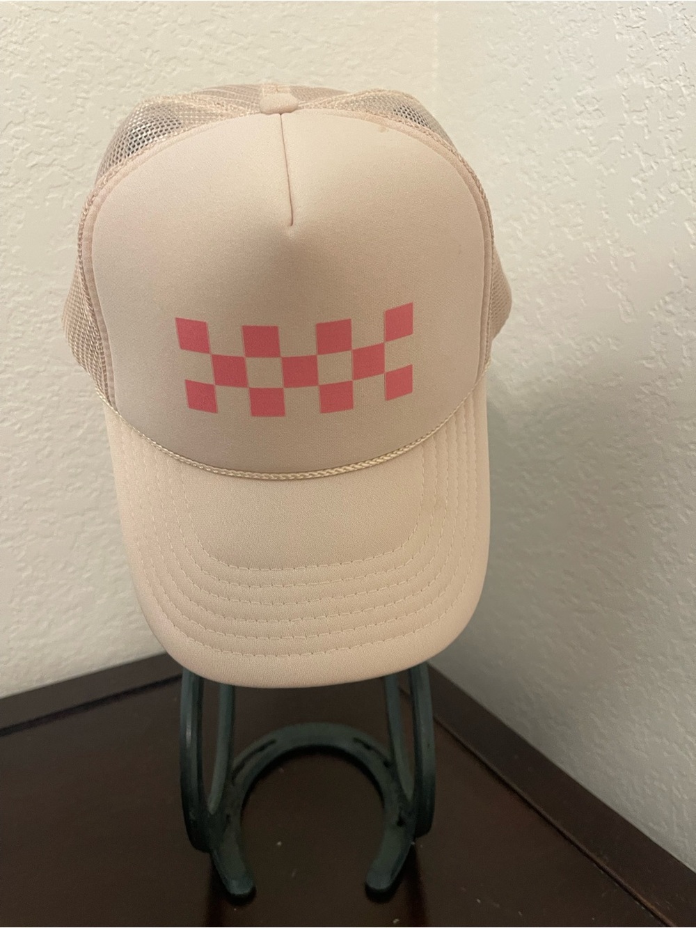 OTTO Kids Cream Trucker Hat with Pink Checker Print